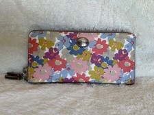 Coach Floral Print Accordion Zip Around Floral Wallet Coated Canvas Silver HW