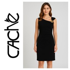 VTG Y2K Cache Black Asymmetric Neckline Bodycon Dress Snake Brooch Made USA Sz M