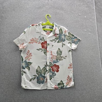 American Eagle Men Button Up Shirt L White Cotton Linen Floral Loop Collar