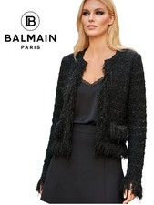 Authentic BALMAIN Tweed Fringe Sparkly Black Jacket Blazer - Size 34 France