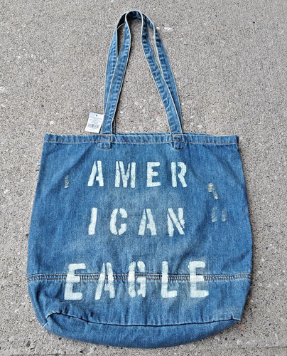 American Eagle Denim Tote Bag Distressed Blue Jean Spell Out Purse NWT NEW