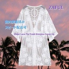 ZAFUL Sheer Lace Tie Front Kimono Cover Up Floral Embroidery Beach Dress