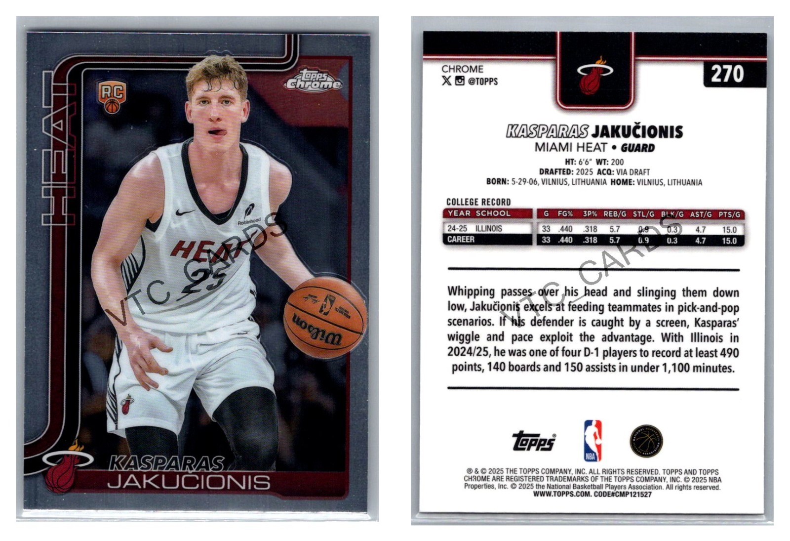 Kasparas Jakucionis RC 2025-26 Topps Chrome Basketball #270 Miami Heat
