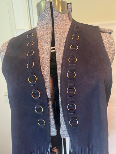 Vintage Long Fringe Blue Suede Vest Gold Rings S Boho Hippy Coachella 70's - Picture 13 of 14