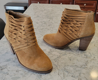 #ad Jessica Simpson Boots Brown Leather Suede Claireen Ankle Booties Heels 7.5 Sexy $24.99