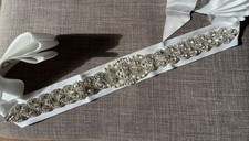 Rhinestone White Ribbon Bridal Sash Belt Intricate Design Wedding