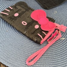 Hello Kitty Black Pink Sequin Wristlet Wallet with Zipper  Wrist Strap