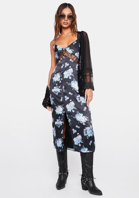 WEWOREWHAT Womens Slip Midi Dress S Black Floral Lace Trim V Neck Front Slit