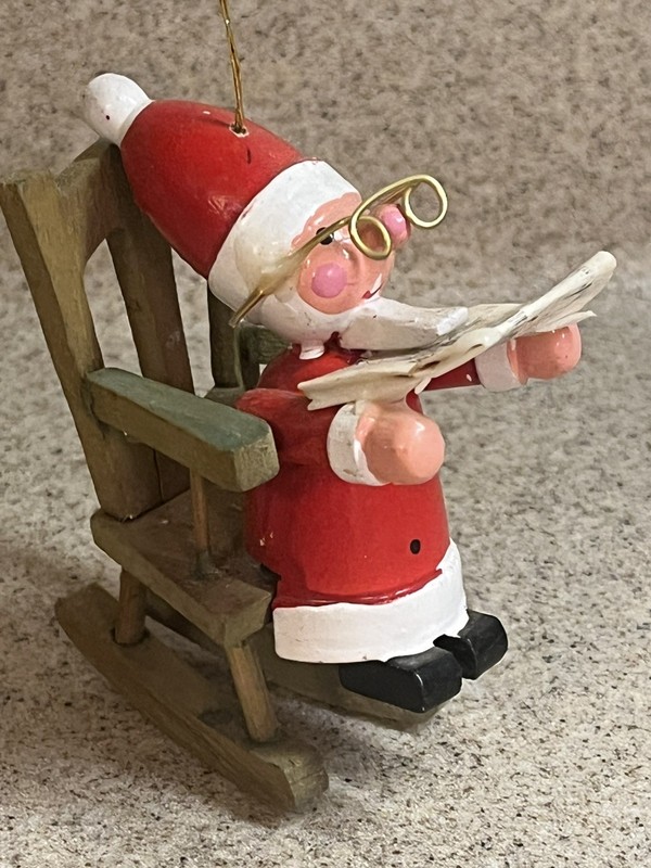 Vintage Hand Painted Wooden Santa Reading Newspaper Rocker Christmas Ornament 