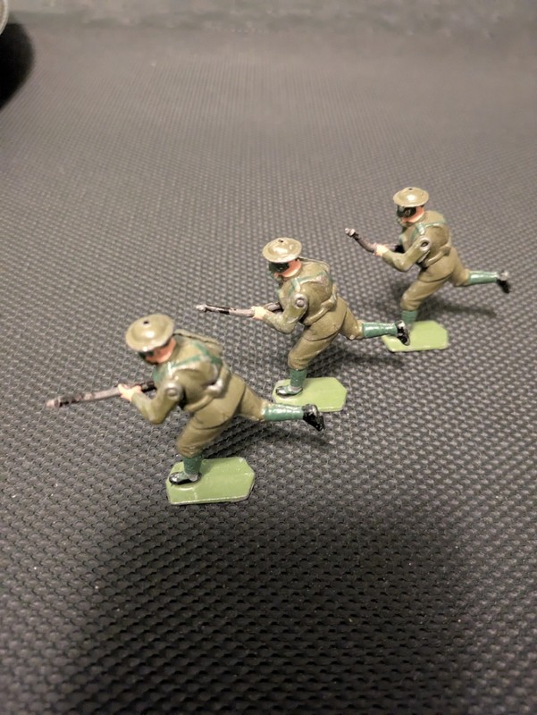 3 British Toy Army Men With Moving Arms