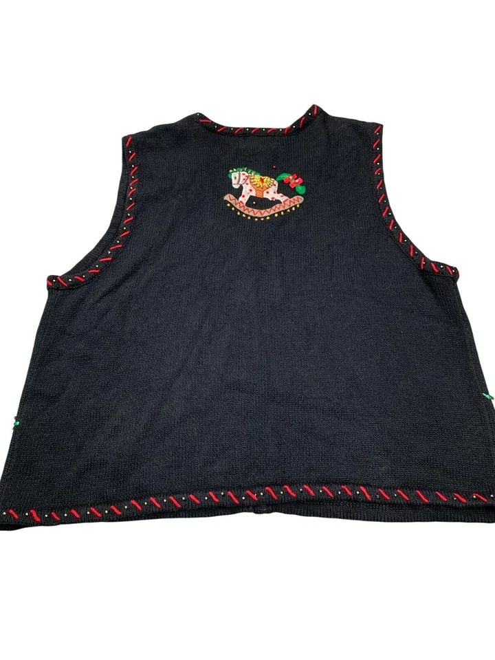 Vintage Christmas Vest Womens XL Black Beaded Tree Rocking Horse Holiday Cottage - Image 2 of 4