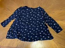 Crown & Ivy Women's Shirt Medium Blue w/Palm Trees Round Neck Long Sleeve Cotton