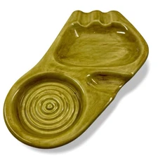 VTG 7” Unique Green drip glaze Ceramic Ashtray MCM 3-Notch Ribbed Thumb Grip