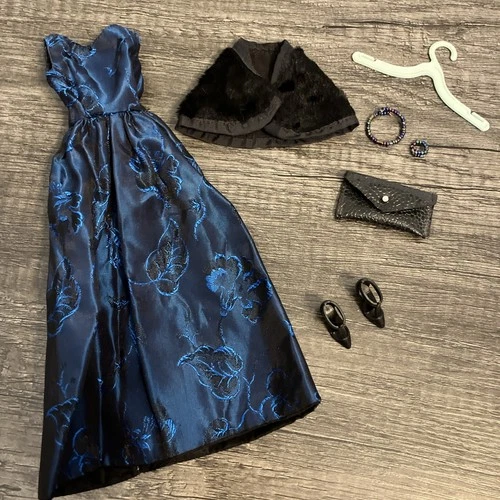 Vintage Barbie Size 1960s Outfit Set -  Blue Brocade Gown Dress W Accessories