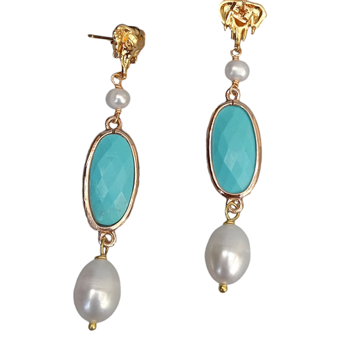Blue turquoise oval Cultured White Pearl gold plated Stud Dangle Earrings - Picture 2 of 8