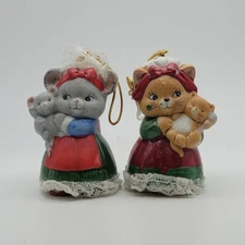 Set 2 J.S.N.Y. Porcelain Christmas Ornament Bell Mom Cat & Baby Kitten Sri Lanka