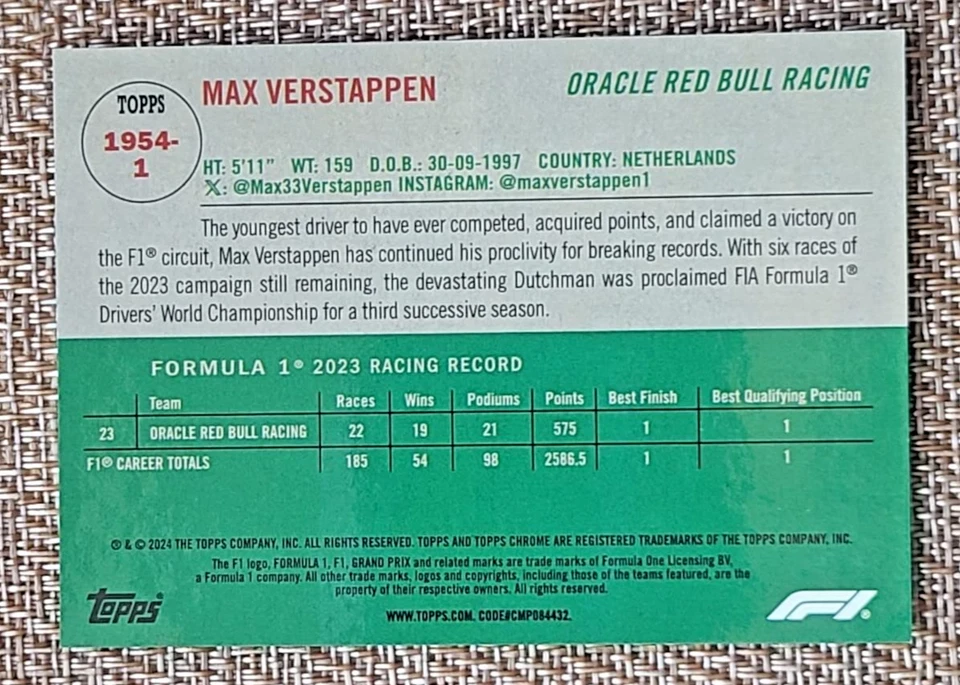 2024 Topps Chrome Sapphire F1 Max Verstappen 1954 Topps Orange Refractor /25 - Image 2 of 2