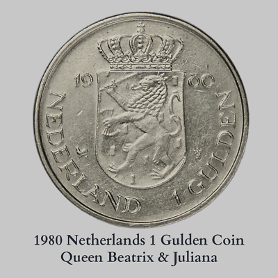 1980 Netherlands 1 Gulden Coin-Queen Beatrix & Juliana-Old World