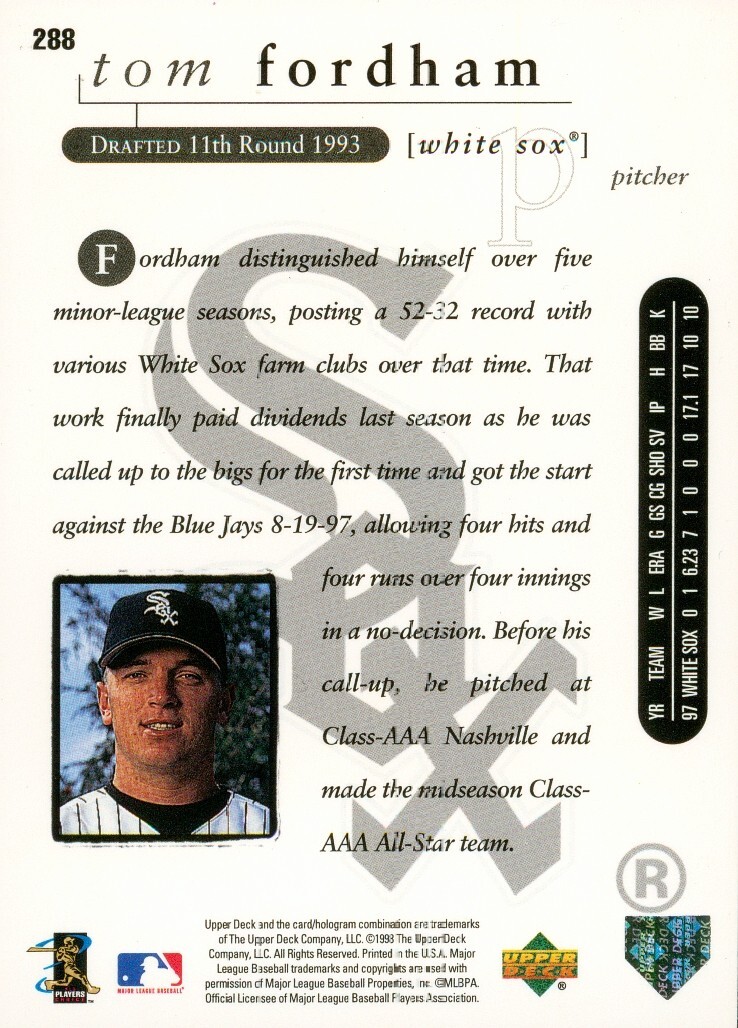 1998 Upper Deck Tom Fordham 288 White Sox | eBay