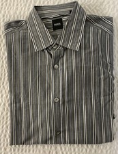 HUGO BOSS Spread Soft Collar Cotton Sport Shirt in Gray Stripe Size L