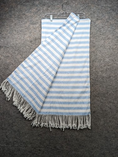 Victorias Secret Beach Picnic Blanket 34 x 64 Fringe Blue White Stripped Logo - Picture 10 of 11