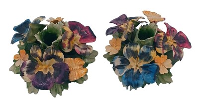 Vintage 1950s Capodimonte Candle Holders With African Violets & Butterflies Flor