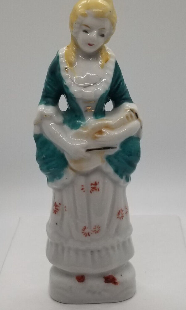 Colonial Woman Figurine Carrying Violin in Green White Dress Vintage 4.75