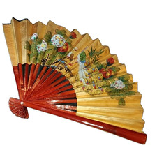 Vintage hand painted gold bird fan Asian Wood Paper Retro Decor Glamour Pinup