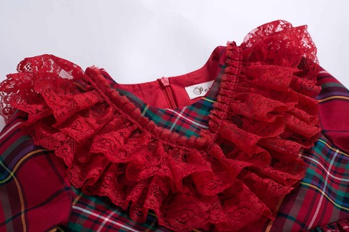 US Mädchen spanischer Stil Gürtel Weihnachtskleider 2-10 Jahre roter Festzug plissiertes Spitzenkleid - Bild 9 von 22