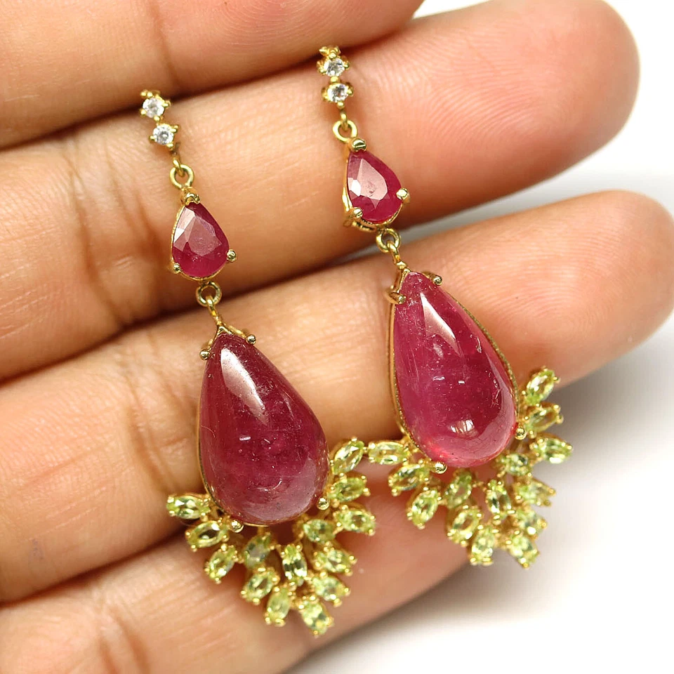 925 Sterlingsilber 11 x 17 Mm. Rot Rubin,Peridot & Zirkonia Ohrringe 18K Gold - Bild 2 von 4