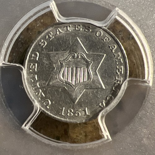 1851 3 Cent Silver Piece Nice PCGS Almost Uncirculated Cleaned J-605 - Picture 2 of 3