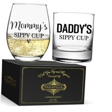Mommy Daddy's Sippy Cup Engraved Wine  Whiskey Glass Gift Set 15oz, Black