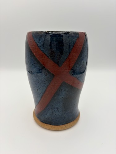 Red Stripe Blue Drip Speckled Abstract Studio Art Pottery Vase 7" Sun Mark