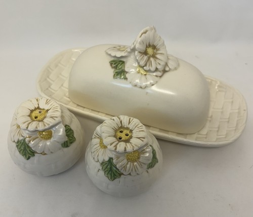 Covered Butter Dish & Salt Pepper Shakers Basket Weave Yellow Poppy Trail Merlot - Picture 2 of 11