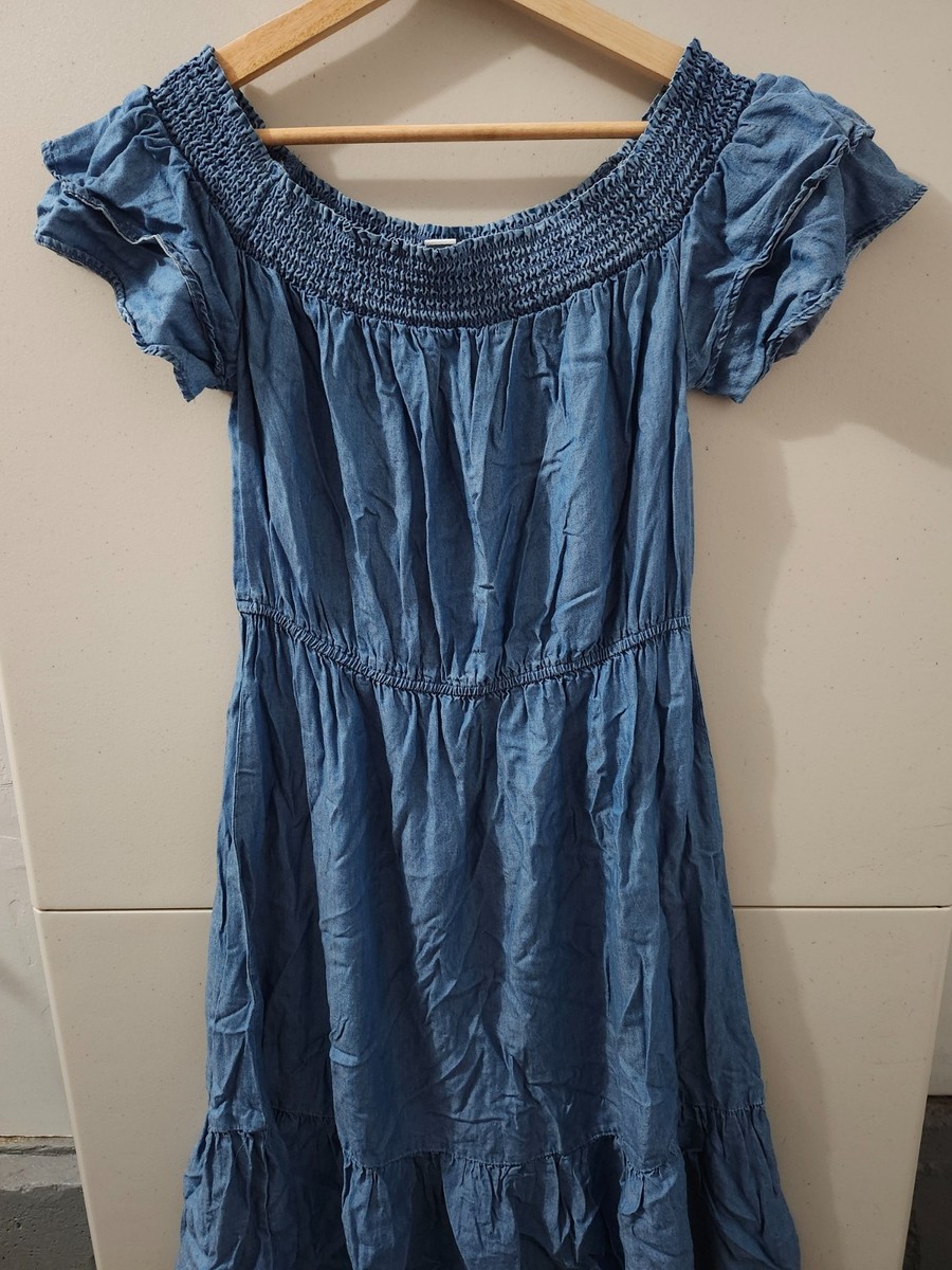 Old Navy Dress Womens M Midi Flare Tier Short Sleeve Off Shoulder Denim  Chambray