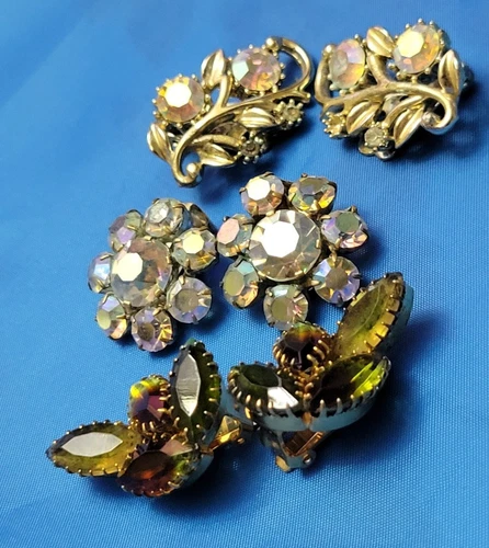 Lot of 3 Vintage Costume Jewelry Clip On Earrings Multi Color Rhinestones