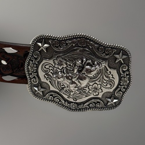 Nocona Brown Child  Western Leather Belt With Silver Tone Bronco Buckle Size 22