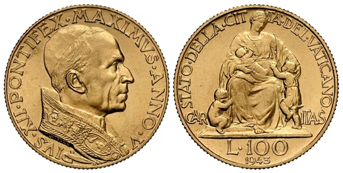 VATICAN CITY Pius XII 1943/Anno V 100 Lire NGC MS64 Bolzano 30; Gigante 101