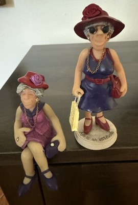 LE 2 Vintage D Manning Red Hat Society Lady Figurines  Granny  &  Born to Shop  