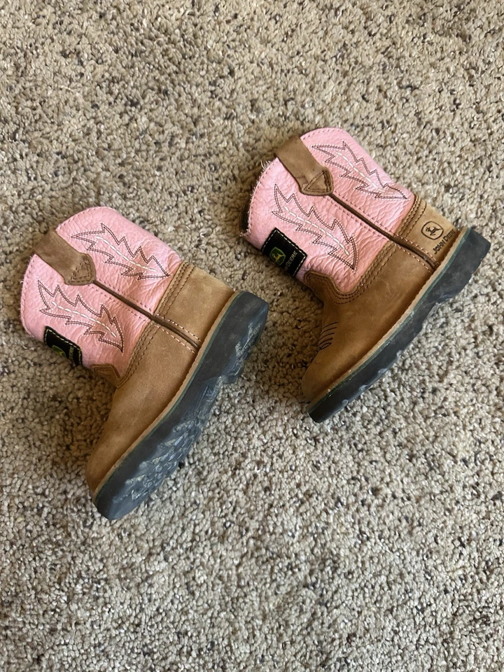 John Deere Johnny Popper Cuero Botas Occidentales Niñas Rosa Marrón Infantes Talla 5 Foto 2 de 4