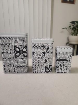 3 IKEA Sammanhang Tin Storage Containers Canisters Box Black And White Retro Set