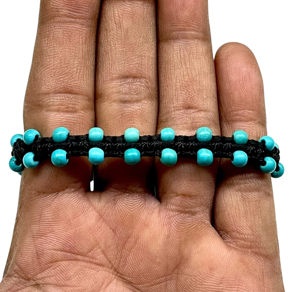 Handgefertigt Türkis Armband 4mm Perlen Makramee Design Verstellbar Schwarz Cord - Bild 4 von 4