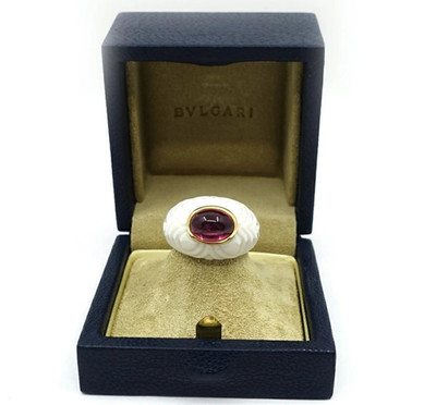 Bvlgari Vintage Chandra Pink Tourmaline Ceramic 18k Yellow Gold Ring Size 6.5