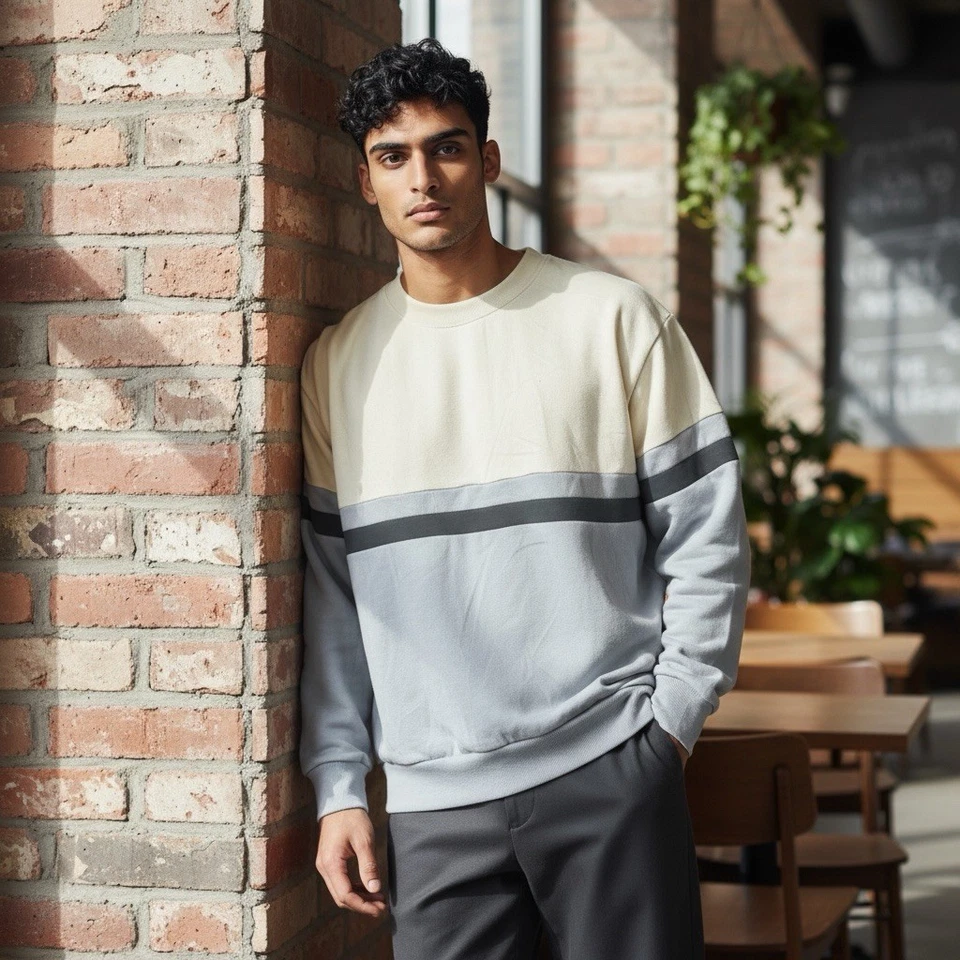 Sudadera Brandy Melville Colorblock Cuello Redondo - Pullover a Rayas Marfil y Gris Foto 4 de 4