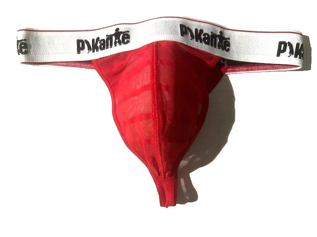 Nuevo PIKANTE Para Hombres Rojo Malla Transparente Tanga Bikini Tanga Calzoncillo Talla M Ver a Través Foto 2 de 4