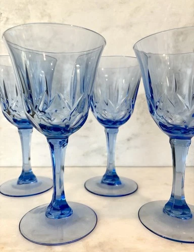 Vintage Fostoria American Blue Avon Set of 4 Wine Water Goblet Glass 7 3/8”