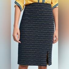 Anthropologie Maeve Hannon Textured Pencil Skirt Size 6 Navy Blue Yellow