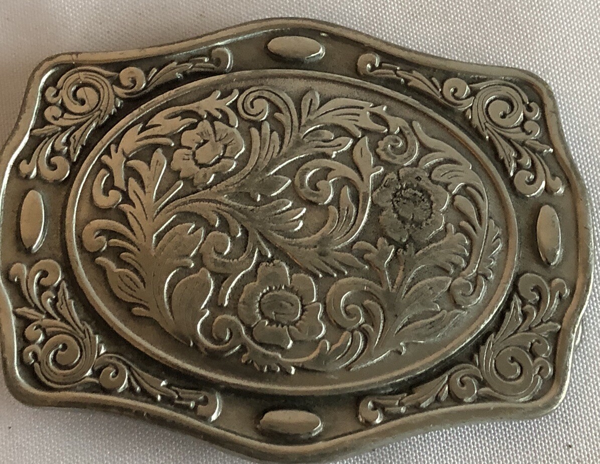 VINTAGE FINE PEWTER FLORAL BELT BUCKLE MARKED 2004 Pewter Great American Belt Buckle - Center Star-Floral  main image 4