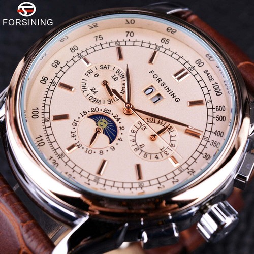 Forsining Moon Phase Movement Rose Gold Case Brown Genuine