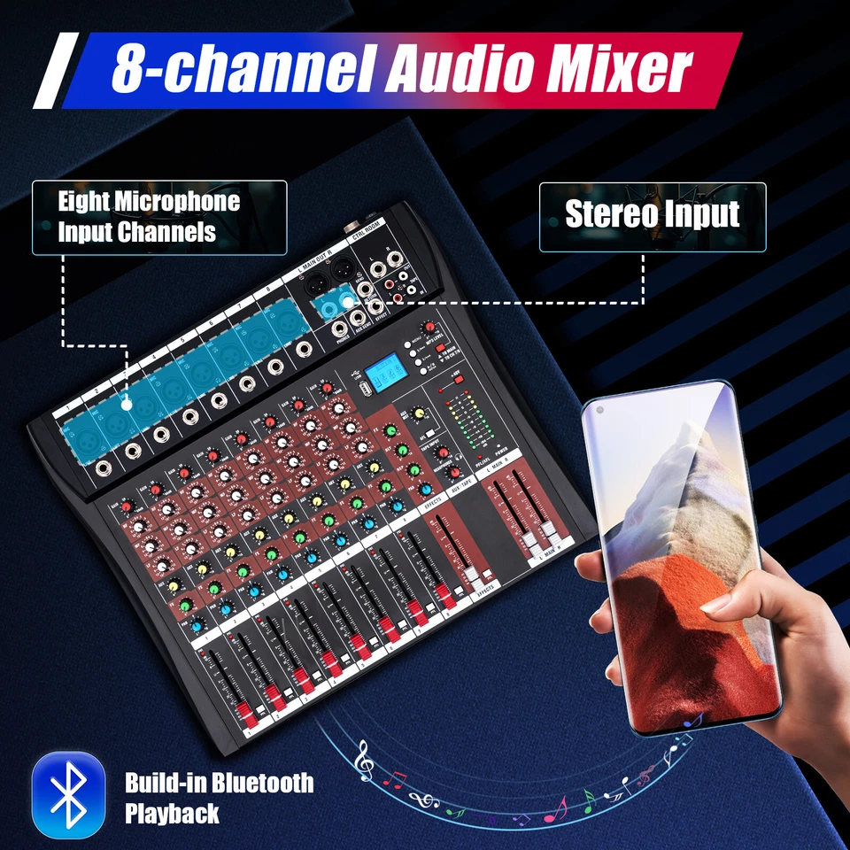 Pro 8 Channel Bluetooth Studio Audio Mixer Live Sound Mixing Console with USB - Image 2 of 4